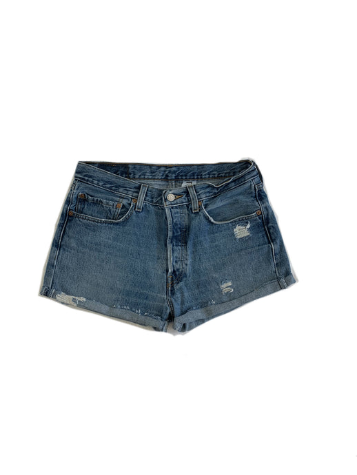 Medium Wash Destroyed Denim Shorts