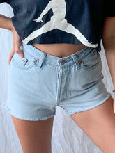 Load image into Gallery viewer, Lightwash Destroyed Denim Shorts